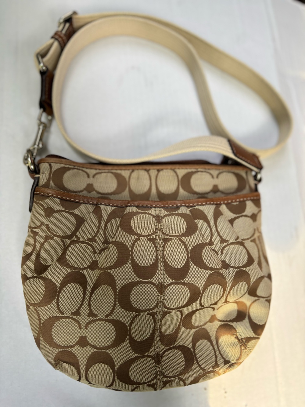 Vintage Y2K Coach Signature Jacquard Crossbody Hobo Bag - Khaki & Brown